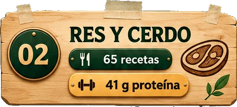 Res y cerdo 65 recetas 41 g proteína. Res BBQ con papa asada, albóndigas de cerdo al tomate, tacos de cerdo con maíz.